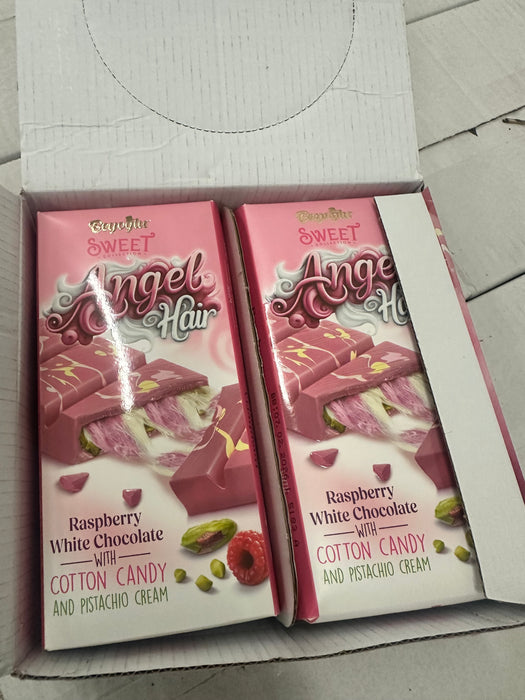 Angel Hair Cotton Candy Chocolate Bar - 6 oz (170 G) Raspberry White Chocolate with Cotton Candy and Pistachio Cream