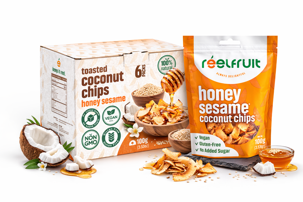 Box and bag of Reelfruit honey sesame coconut chips. Distributed by AFRIVANA