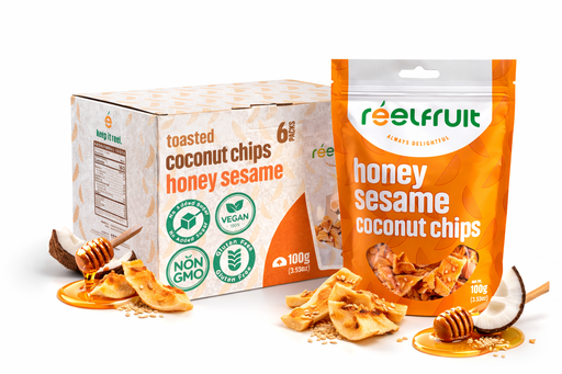 Honey sesame coconut chips packaging with a box and individual bag. Distributed by AFRIVANA